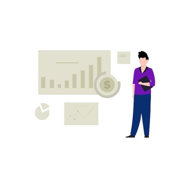 A man stands in front of a chart with a dollar sign on it.