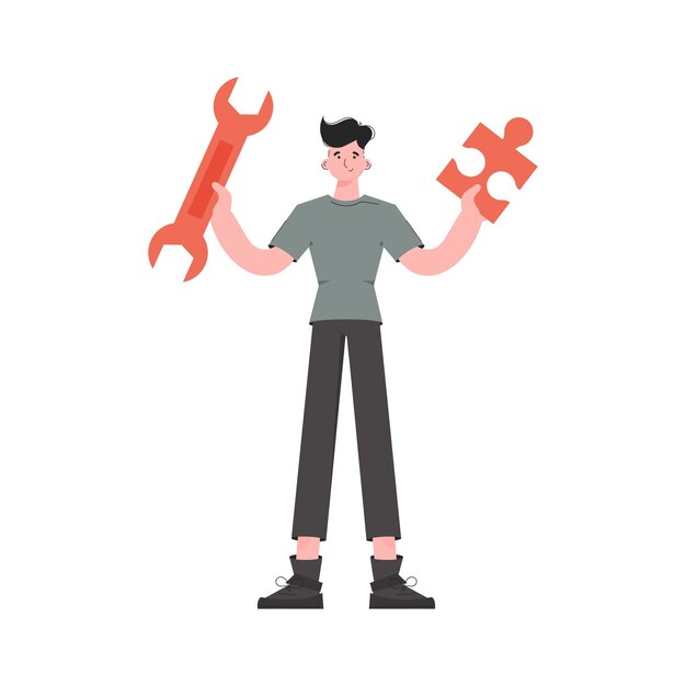 a man stands in full growth holding a wrench and a puzzle isolated element for presentations sites