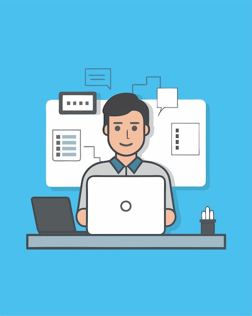 a man working at a desk with a laptop and a logo of a man working on it