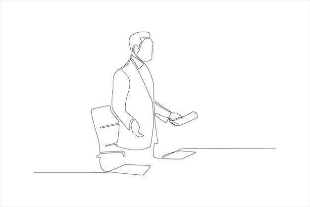 A minimalist line drawing of a man standing at a desk appearing to present or speak