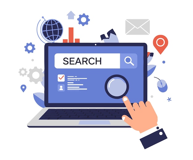 A minimalist vector of a search concept with a laptop magnifying glass and icons