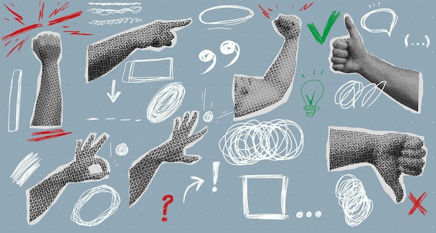 a modern collage featuring halftone hands a lightbulb symbolizing innovation and abstract