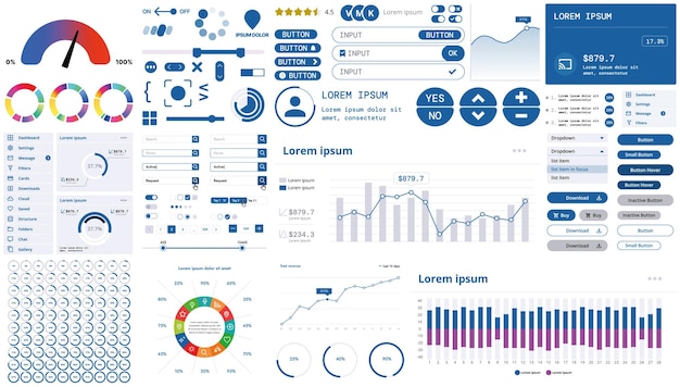 A modern interface kit with buttons graphs and elements for creating web applications and dashboards ideal for business statistics and finance