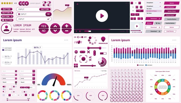 A modern interface kit with buttons graphs and elements for creating web applications and dashboards ideal for business statistics and finance