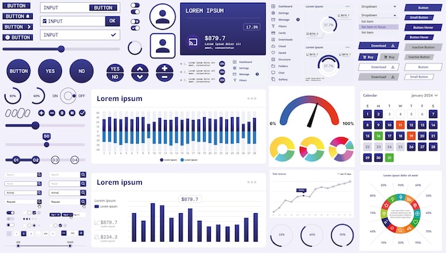 A modern interface kit with buttons graphs and elements for creating web applications and dashboards ideal for business statistics and finance