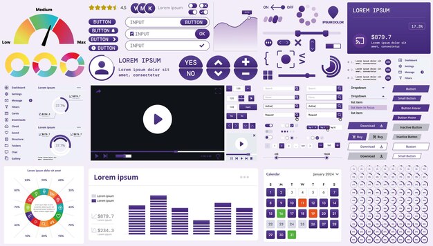 A modern interface kit with buttons graphs and elements for creating web applications and dashboards ideal for business statistics and finance