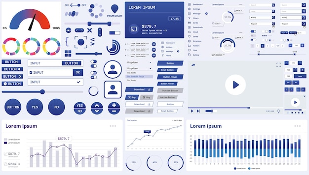 A modern interface kit with buttons graphs and elements for creating web applications and dashboards ideal for business statistics and finance