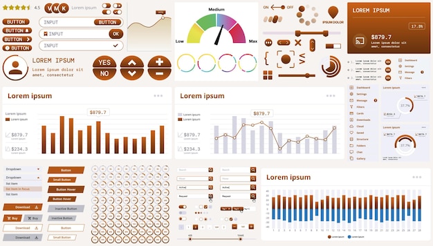 A modern interface kit with buttons graphs and elements for creating web applications and dashboards ideal for business statistics and finance