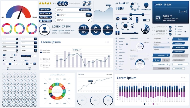 A modern interface kit with buttons graphs and elements for creating web applications and dashboards ideal for business statistics and finance