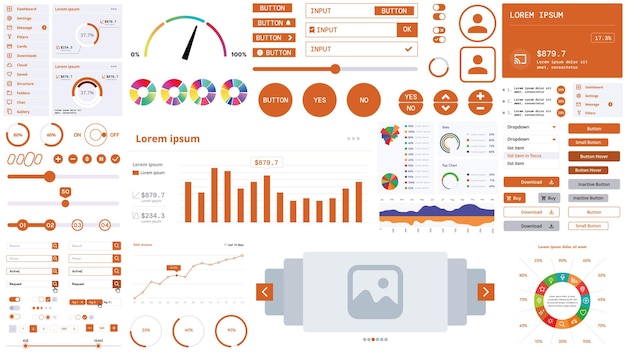 A modern interface kit with buttons graphs and elements for creating web applications and dashboards
