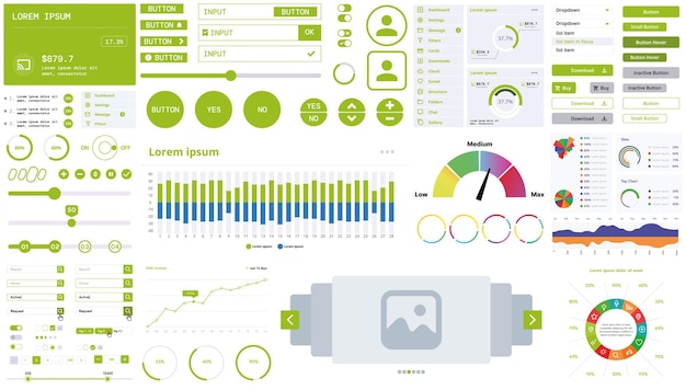 A modern interface kit with buttons graphs and elements for creating web applications and dashboards