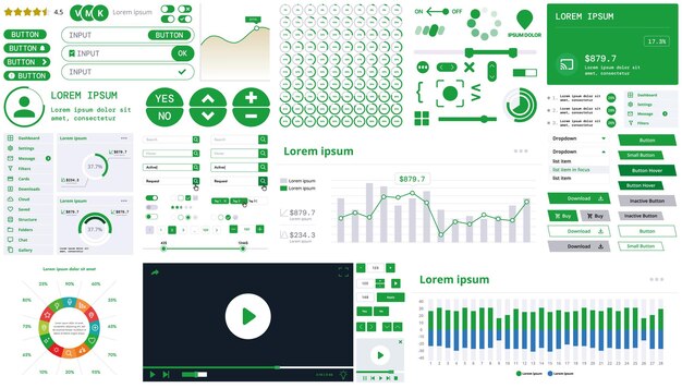 A modern interface kit with buttons graphs and elements for creating web applications and dashboards
