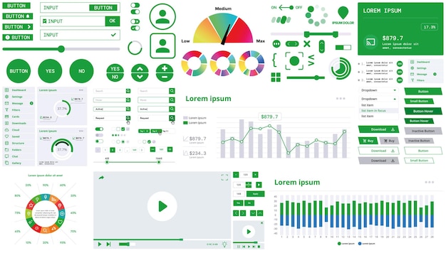 A modern interface kit with buttons graphs and elements for creating web applications and dashboards