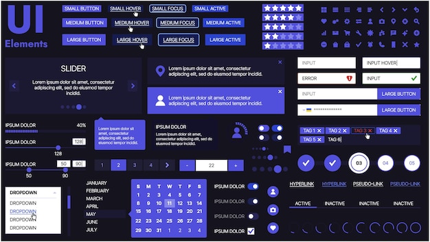 A modern UI kit featuring a collection of buttons icons navigation menus and responsive design elements Includes login forms media players search bars and calendars ideal for apps websites