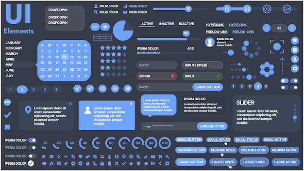 a modern ui kit featuring a collection of buttons icons navigation menus and responsive design elements includes login forms media players search bars and calendars ideal for apps websites