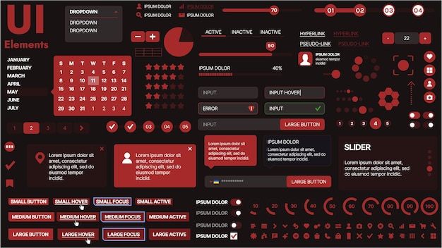 A modern UI kit featuring a collection of buttons icons navigation menus and responsive design elements Includes login forms media players search bars and calendars ideal for apps websites