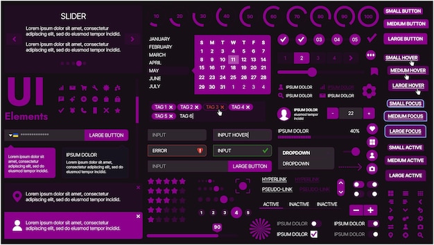 A modern UI kit featuring a collection of buttons icons navigation menus and responsive design elements Includes login forms media players search bars and calendars ideal for apps websites