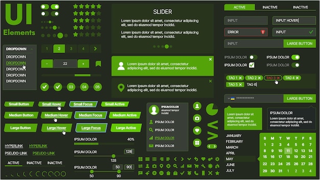 A modern UI kit featuring a collection of buttons icons navigation menus and responsive design elements Includes login forms media players search bars and calendars ideal for apps websites