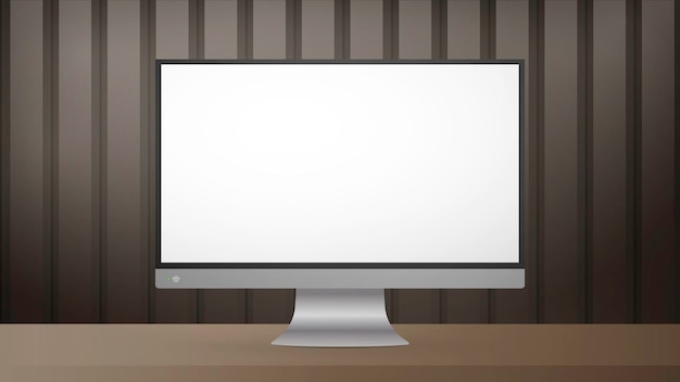 A monitor with a white screen sits on a table. Striped brown realistic poster Background with metal or glossy wood. Realistic vector.