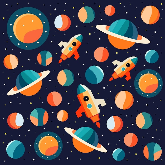 a pattern of planets and rockets in space.