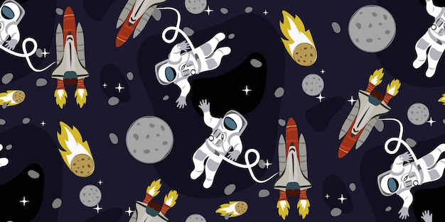 A pattern with an astronaut in space Cosmonaut rocket sun earth stars rocks asteroids