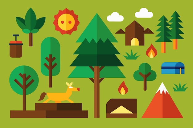 a picture of a forest with a deer and a fire in the background