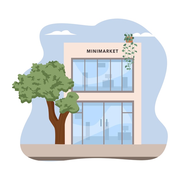 a picture of a minimarket building with a tree