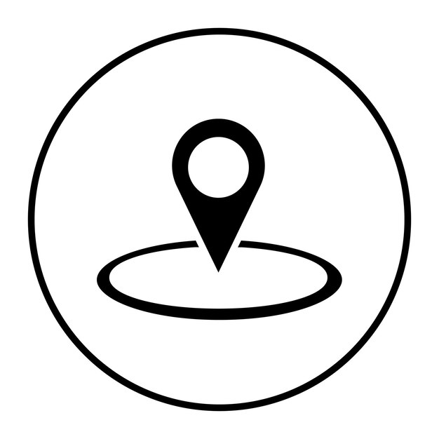 a pin on a white circle with a black outline