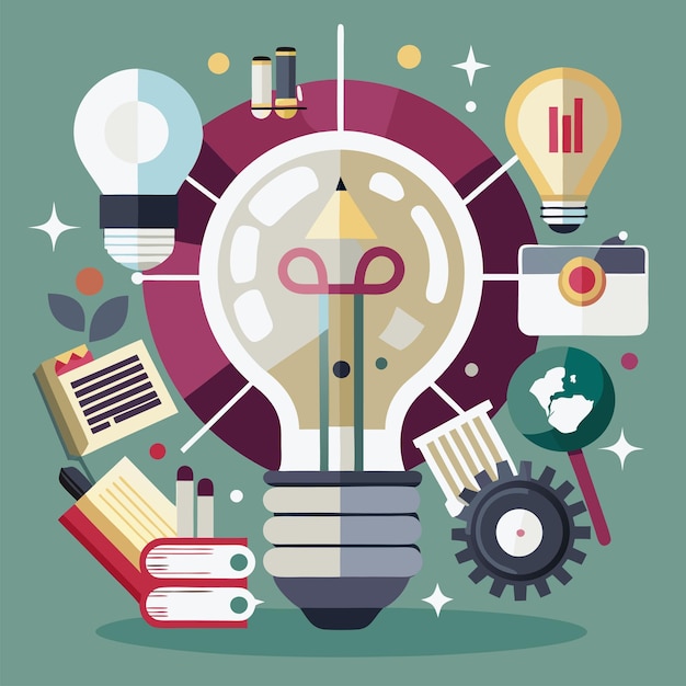 a poster with a colorful background with a colorful illustration of a light bulb and a group of gear