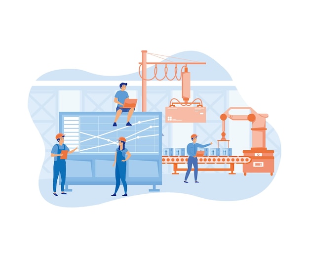 A production with workers automation and user interface concept user connecting with a tablet and sharing data with a cyber physical system flat vector modern illustration