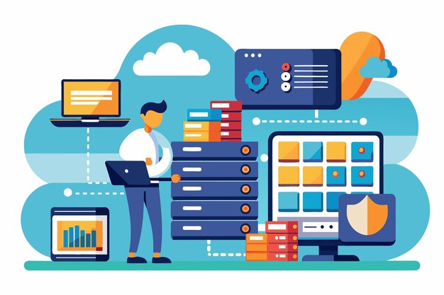 A professional organizes data storage on a server optimizing file archives in a modern digital workspace Organizing data storage and file archive on a server or computer simple illustration