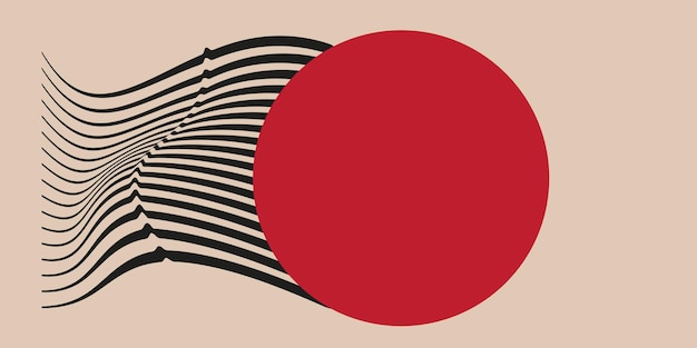 a red circle with black wavy lines on its left side set against a beige background bauhaus composition