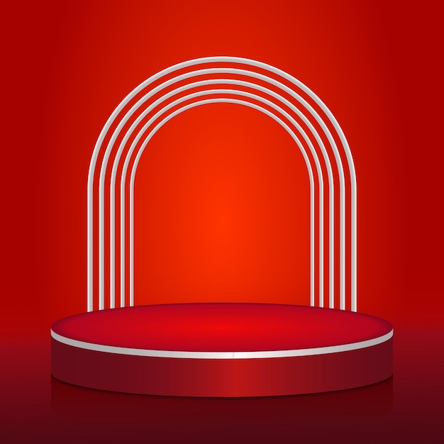 A red podium with a white arch and a red background.