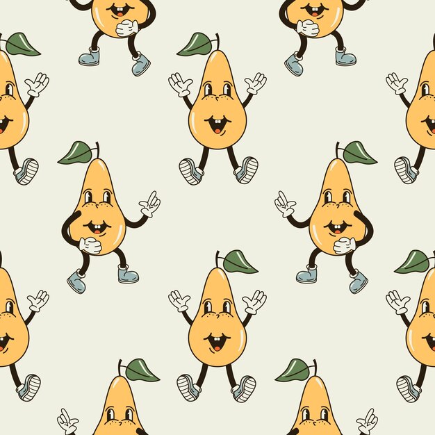 a seamless pattern with a funny and cute pear character in a groovy style vector illustration