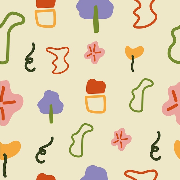 A seamless pattern with different colored flowers and trees.