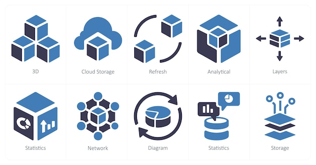 A set of 10 Big Data icons as 3d cloud storage refresh