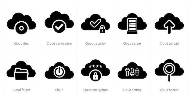A set of 10 big data icons as cloud disc cloud verification cloud security