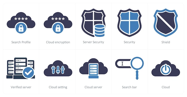 a set of 10 big data icons as server profile cloud encryption server security