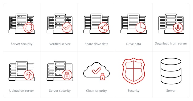 A set of 10 big data icons as server security verified server share drive data