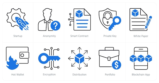 A set of 10 Blockchain icons as startup anonymity smart contract
