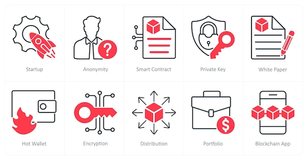 A set of 10 Blockchain icons as startup anonymity smart contract