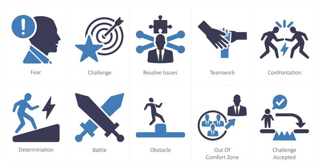 a set of 10 challenge icons as fear challenge resolve issues