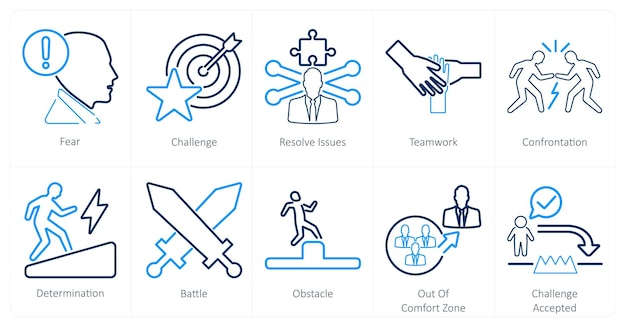 a set of 10 challenge icons as fear challenge resolve issues