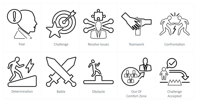 a set of 10 challenge icons as fear challenge resolve issues