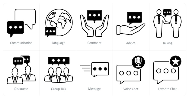 A set of 10 communication icons as communication language comment