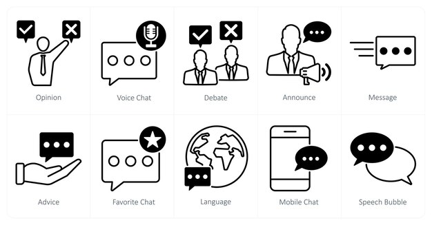 A set of 10 communication icons as opinion voice chat debate