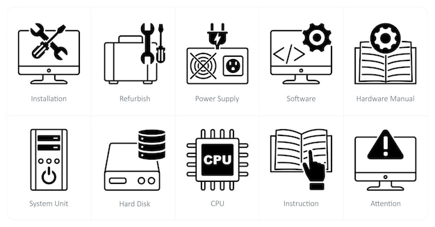 a set of 10 computer parts icons as installation refurnish power supply
