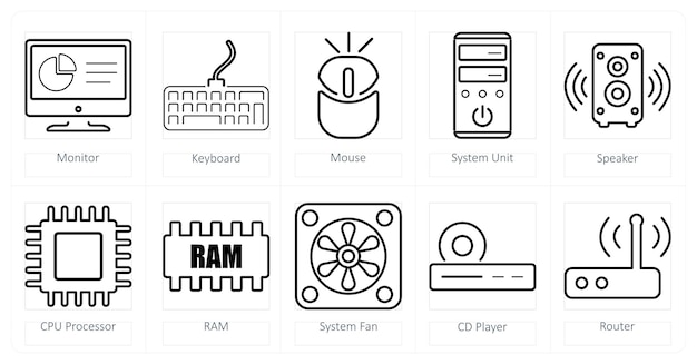 a set of 10 computer parts icons as monitor keyboard mouse