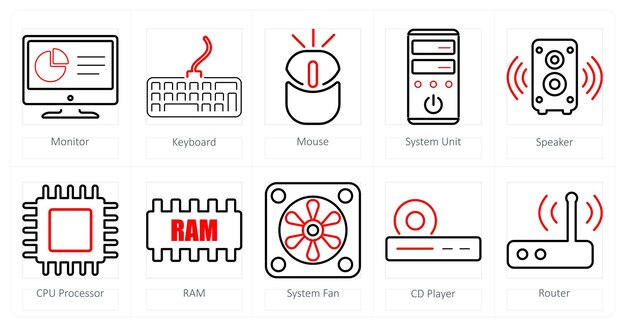 a set of 10 computer parts icons as monitor keyboard mouse