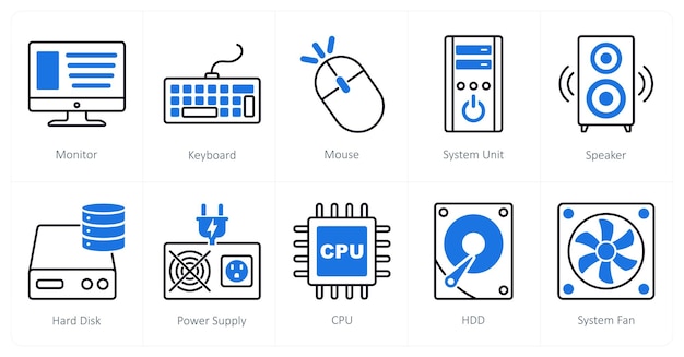 a set of 10 computer parts icons as monitor keyboard mouse